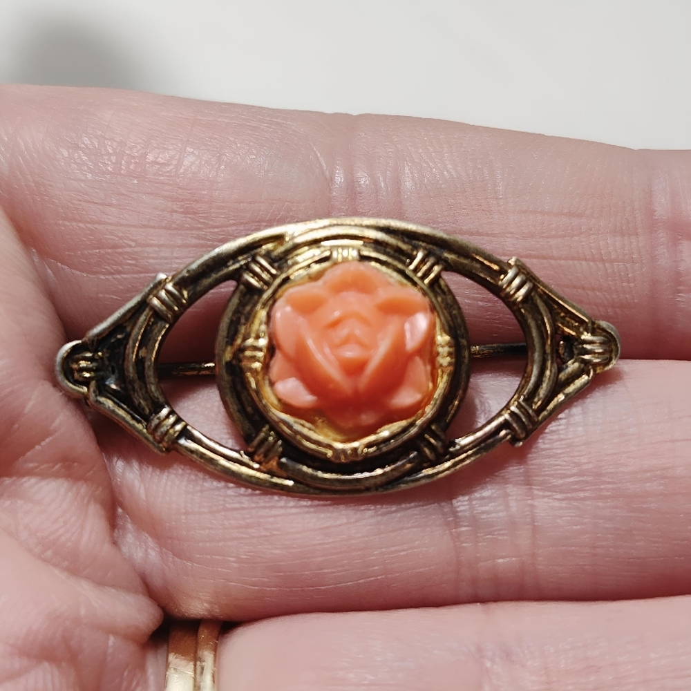 Vintage 1930's Sterling Silver Gold Vermeil Celluloid Coral Rose Brooch Pin - Picture 3 of 8